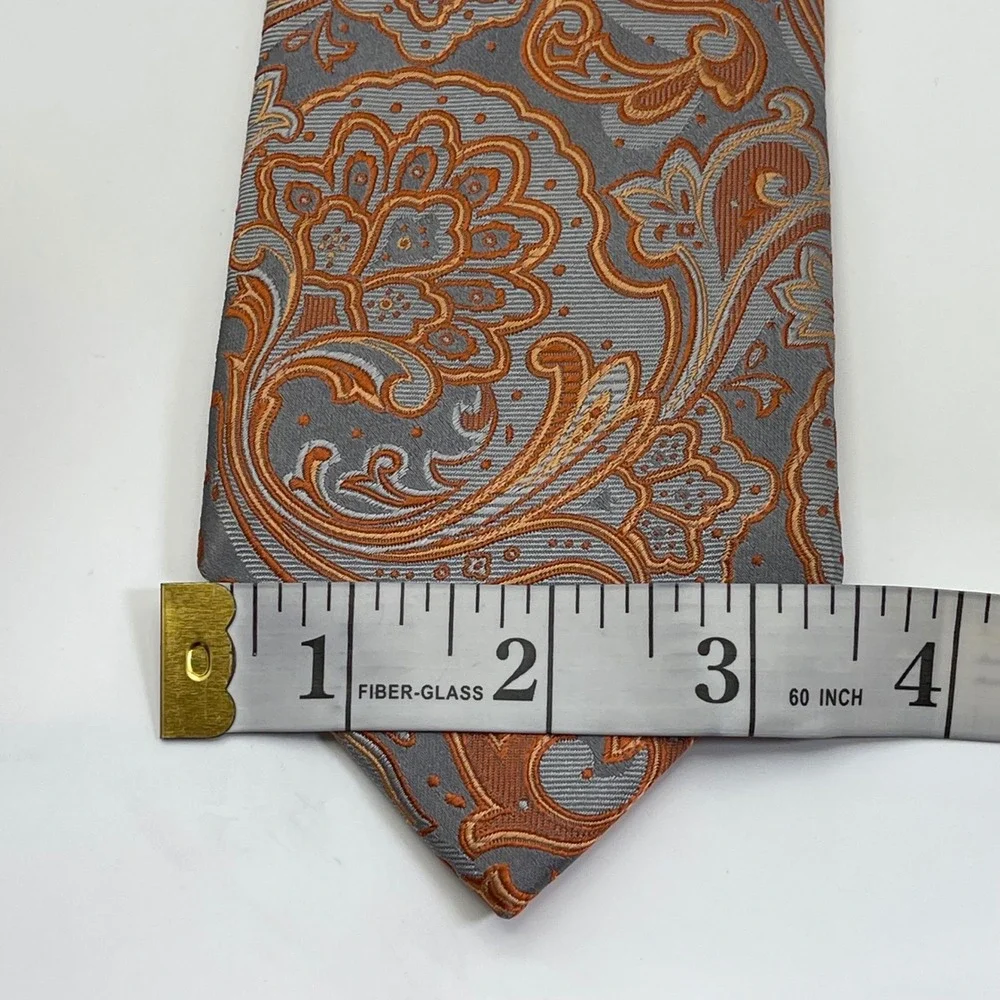 Vintage Geoffrey‎ Beene 100% Necktie Tie Grey Orange Paisley Jacquard Retro Mod